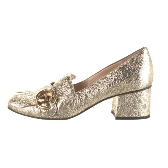 GUCCI Marmont Gold Mid Heel Loafer Fringe Metallic GG Logo - Picture 2 of 16